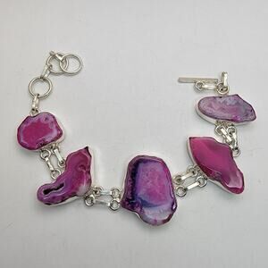 Sterling Silver Bracelet with Dyed Agate Stones - 7.5" Adjustable